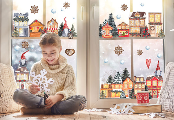 Vinilo de aldea Navideña - decoraciones con pegatinas de ventana Navideñas