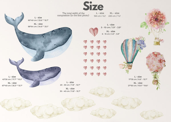 Wall decals kit "Whales + Hot Air Balloons and Hearts"