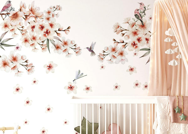 Cherry Blossom Decal - Sakura Wall Decal - Floral Decor - Sakura Wall Sticker Set - Vintage Flowers - Floral Wall Decals Nursery