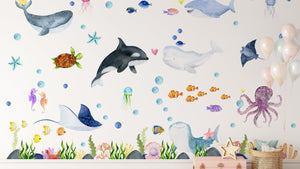 Ocean Animals Wall Decal - Nursery Undersea Wallsticker - Sea Animals Decals - Nautical Nursery Decor - Peel and Stick