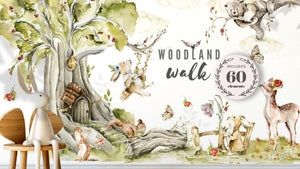 Woodland Forest Animals Wall Decal - Neutral Nursery Sticker with Tree for Kids Room Decor