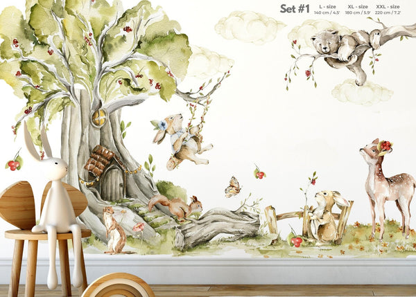 Woodland Forest Animals Wall Decal - Neutral Nursery Sticker with Tree for Kids Room Decor