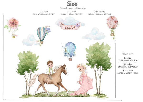Kids Wall Decals / Princess And Prince Wall Sticker for Nursery / Trees / Hot Air Balloons / Horse