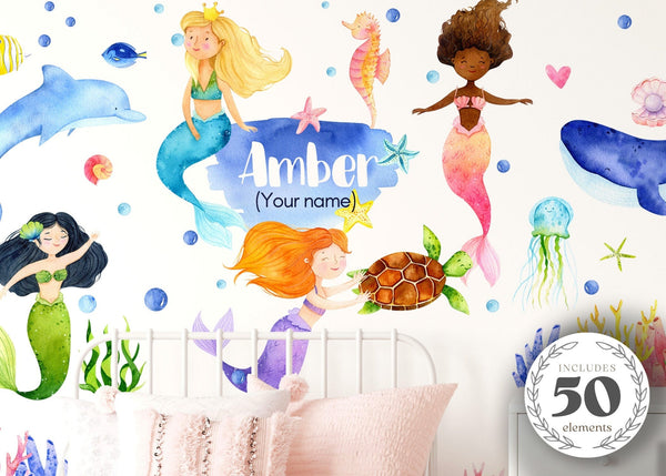 Mermaid Wall Decal, Sea ocean wall stickers, Girls bedroom decor