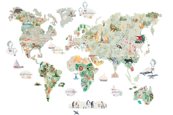 ANIMAL WORLD MAP wall decal for kids room - Nursery Wall Stickers decor for boys and girls - Peel and stick