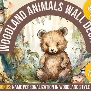 Customizable Woodland Wall Decal with 24 Forest Animals for Kids' Nursery and Playroom with Name Personalization
