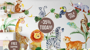 Safari Nursery Wall Stickers - Jungle Animal Decals for Nursery - XL 10 feet + or XXL 13 feet +