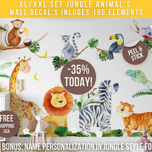 Safari Nursery Wall Stickers - Jungle Animal Decals for Nursery - XL 10 feet + or XXL 13 feet +