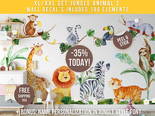 Safari Nursery Wall Stickers - Jungle Animal Decals for Nursery - XL 10 feet + or XXL 13 feet +