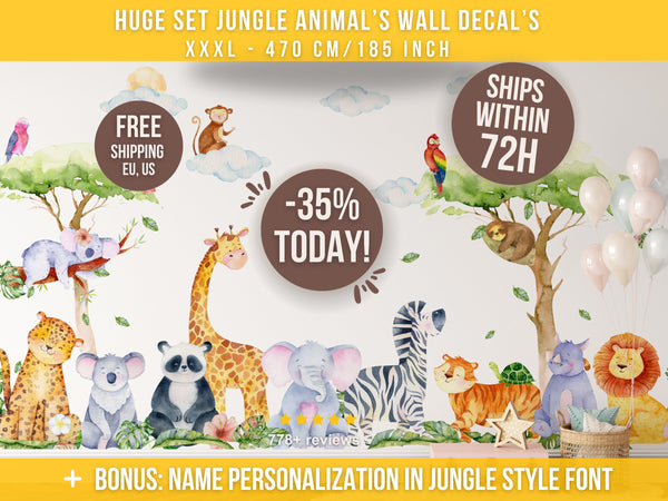 Safari Nursery Decal - Jungle Animals wall sticker - African animals - XXL 350cm+/137.7"+ or XXXL 470cm+/ 185"+ size
